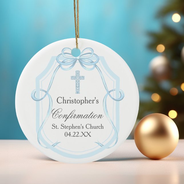 Elegant Blue Ribbon Bow Confirmation Geschenk Keramik Ornament (Von Creator hochgeladen)