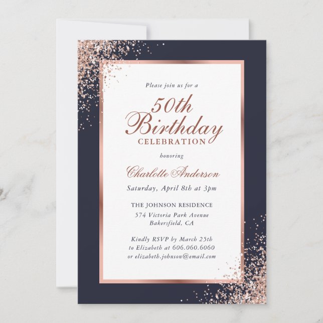 Elegant Blue Rose Gold Confetti 50. Geburtstag Einladung (Vorderseite)