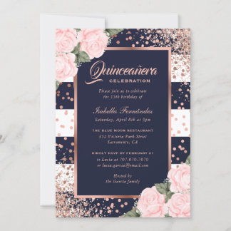 Elegant Blue Rose Gold Pink Floral Quinceñera Einladung