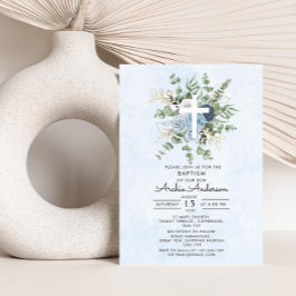 Elegant Blue Rose Grüne Taufe Christening Einladung