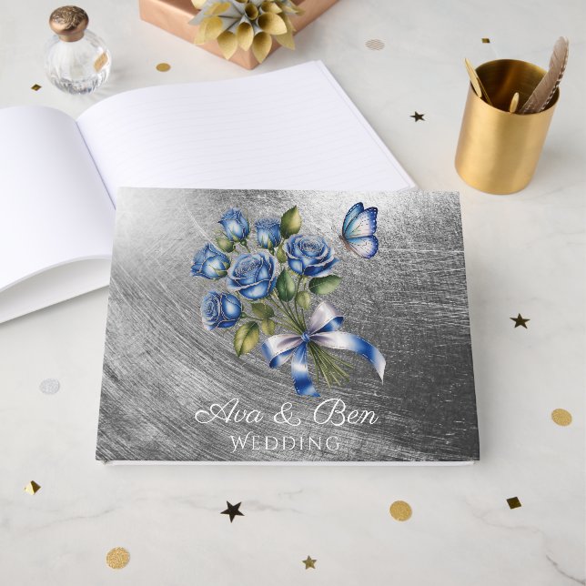 Elegant Blue Roses and Butterfly Silver Wedding Gästebuch (Vorderseite Offen)