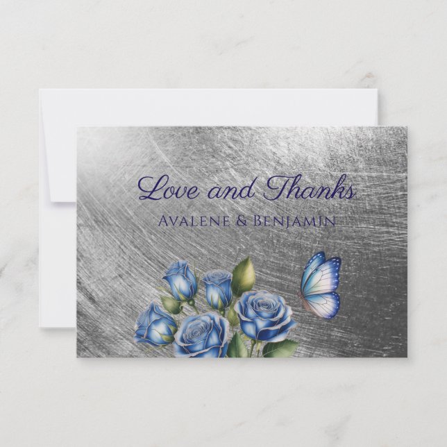 Elegant Blue Roses Butterfly Silver Wedding Dankeskarte (Vorderseite)