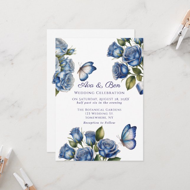 Elegant Blue Roses Butterfly Silver Wedding Einladung (Vorderseite/Rückseite Beispiel)