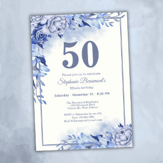 Elegant Blue Roses Floral Women's 50th Birthday  Einladung