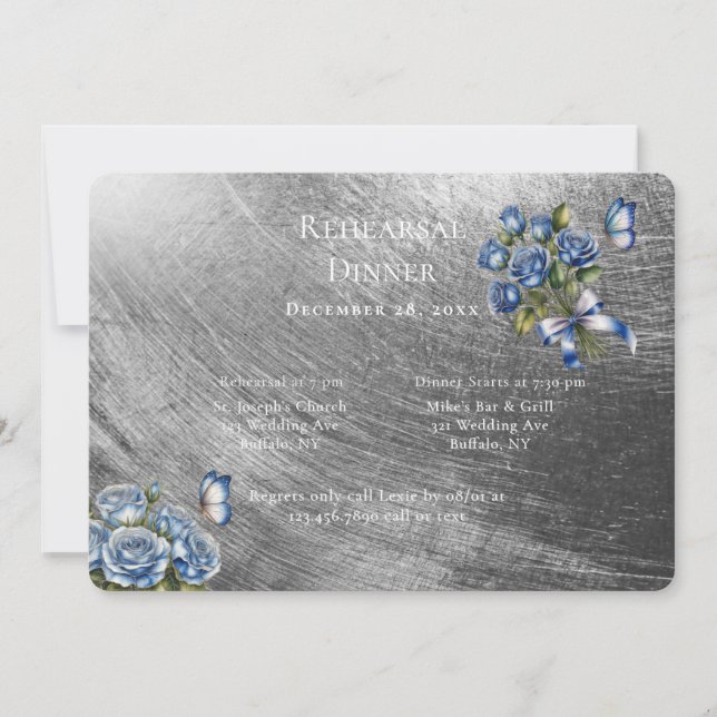 Elegant Blue Roses Silver Rehearsal Dinner Einladung (Vorderseite)