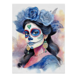 Elegant Blue Roses Watercolor Day of the Dead Poster