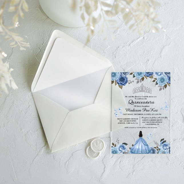 Elegant Blue Royal Floral Butterfly Quinceanera Acryleinladungen (Von Creator hochgeladen)
