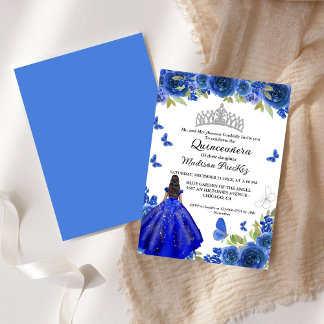 Elegant Blue Royal Floral Butterfly Quinceanera Einladung