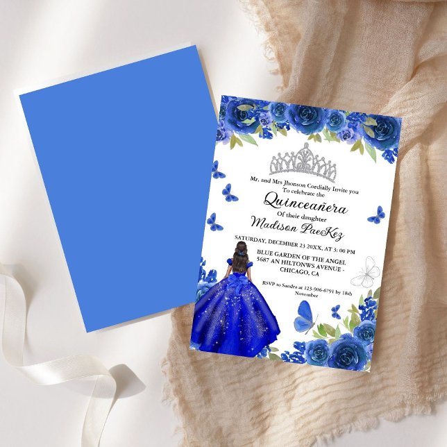 Elegant Blue Royal Floral Butterfly Quinceanera Einladung (Von Creator hochgeladen)
