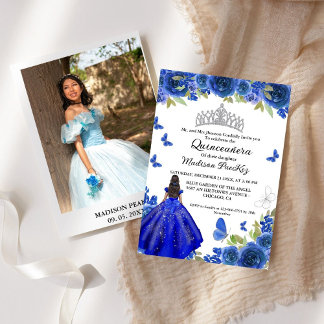 Elegant Blue Royal Floral Butterfly Quinceanera Einladung