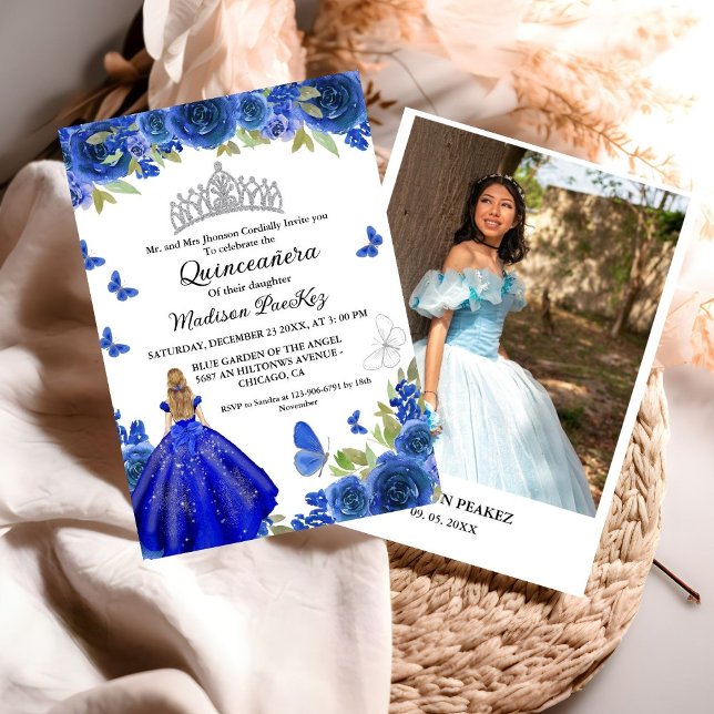 Elegant Blue Royal Floral Butterfly Quinceanera Einladung (Von Creator hochgeladen)