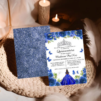 Elegant Blue Royal Floral Butterfly Quinceanera Einladung