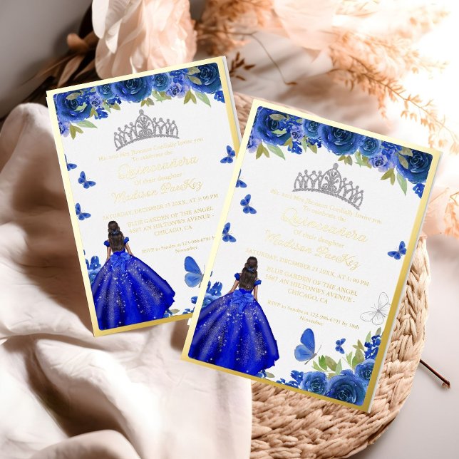 Elegant Blue Royal Floral Butterfly Quinceanera Folieneinladung (Von Creator hochgeladen)