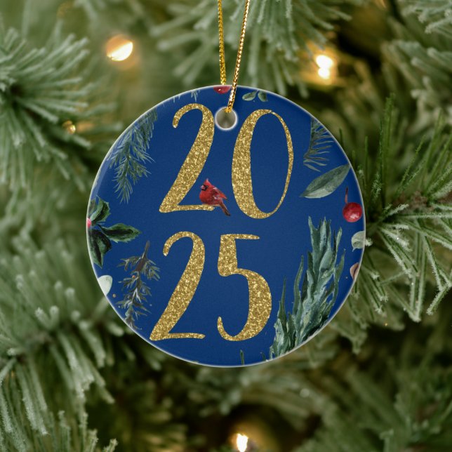Elegant Blue Rustic 2025 New Years Holiday Card Keramik Ornament (Baum)