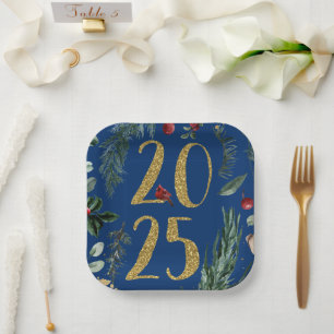 Elegant Blue Rustic 2025 New Years Holiday Card Pappteller