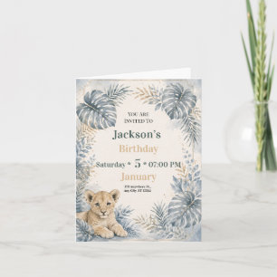 Elegant Blue Safari Lion Birthday Invitation