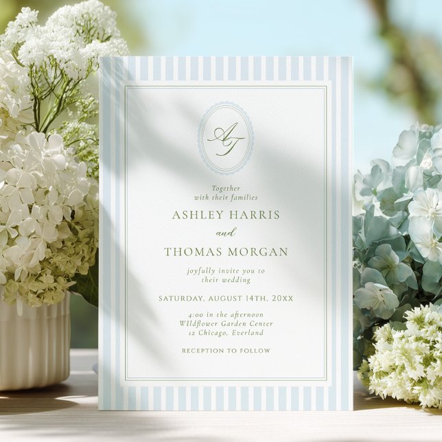Elegant Blue & Sage Monogram Wedding Invitation (Créateur téléchargé)
