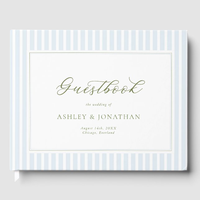 Elegant Blue & Sage Striped Wedding Invitation Gästebuch (Vorderseite)