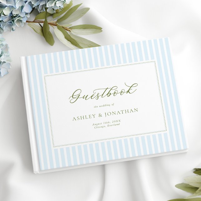 Elegant Blue & Sage Striped Wedding Invitation Gästebuch (Von Creator hochgeladen)