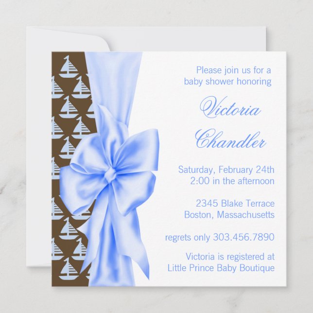 Elegant Blue Sailboat Baby Boy Dusche Einladung (Vorderseite)