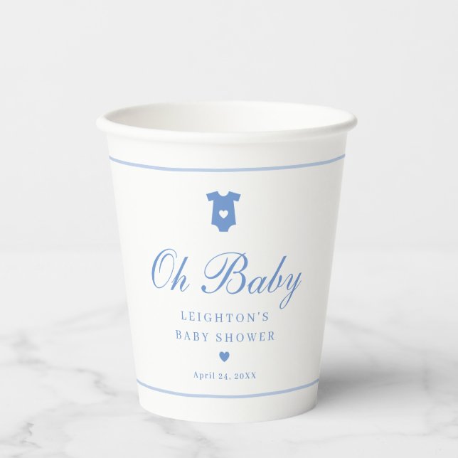 Elegant Blue Script Baby Shower Pappbecher (Vorderseite)
