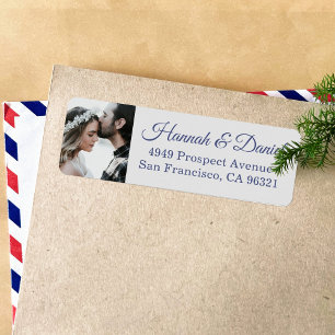 Elegant Blue Script Foto Wedding Rücksendeadresse