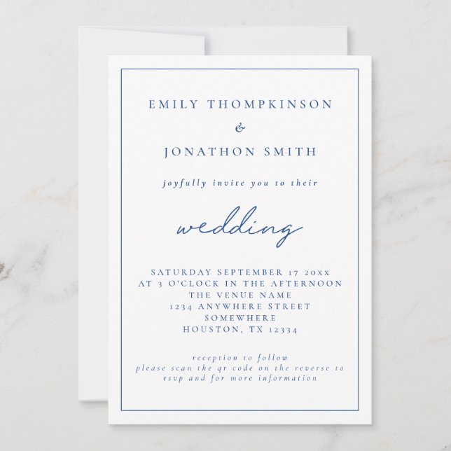 Elegant Blue Script QR Code Hochzeit Einladung (Vorderseite)