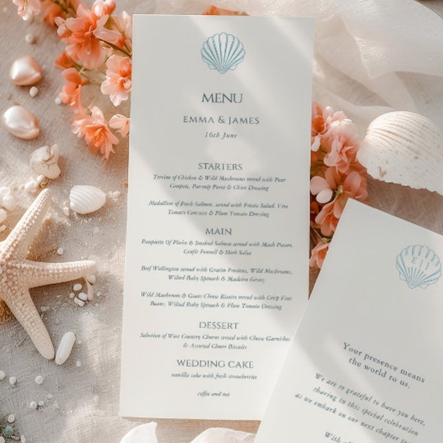 Elegant Blue Seashell Ivory Double Side Wedding  Menükarte (Elegant Blue Seashell Ivory Double Side Wedding Menu)
