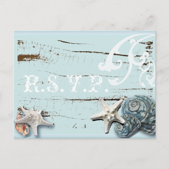 Elegant BLue Seashells Beach Wedding RSVP Card Einladungspostkarte (Vorderseite)