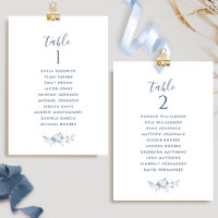 Elegant Blue Seating Plan Cards mit Gästebamen