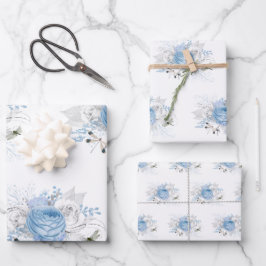 Elegant Blue Silver Dragonfly Floral Geschenkpapier Set