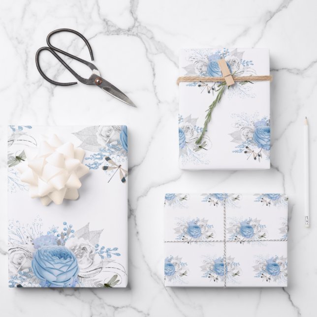 Elegant Blue Silver Dragonfly Floral Geschenkpapier Set (Vorderseite)