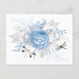 Elegant Blue Silver Dragonfly Floral Postkarte