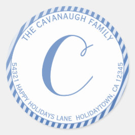 Elegant Blue Silver Foil Stripe Monogram Address Runder Aufkleber
