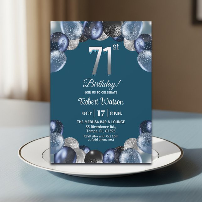 Elegant Blue Silver Glitter 71st Birthday Party Einladung (Von Creator hochgeladen)