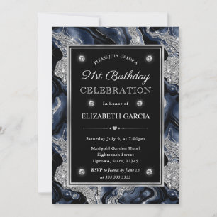 Elegant Blue & Silver Glitzer Agate 21. Geburtstag Einladung