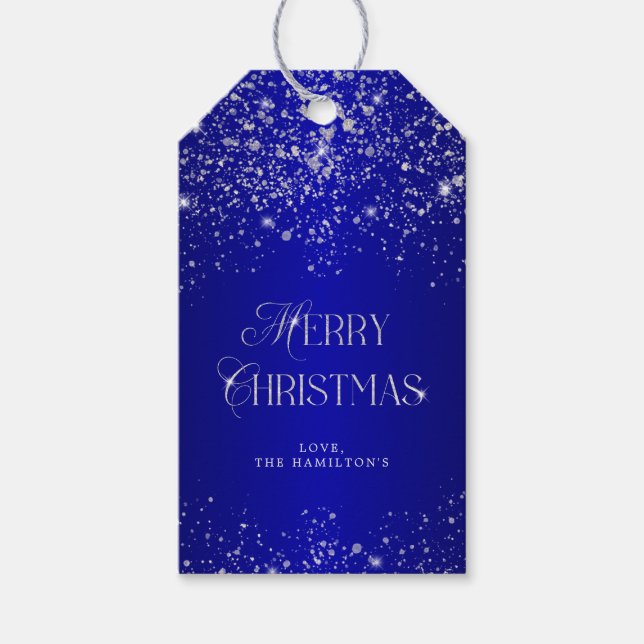 Elegant Blue Silver Glitzer Frohe Weihnachten Geschenkanhänger (Vorderseite)