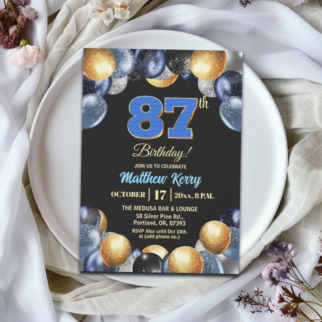 Elegant Blue Silver Gold 87th Birthday Party  Einladung (Von Creator hochgeladen)