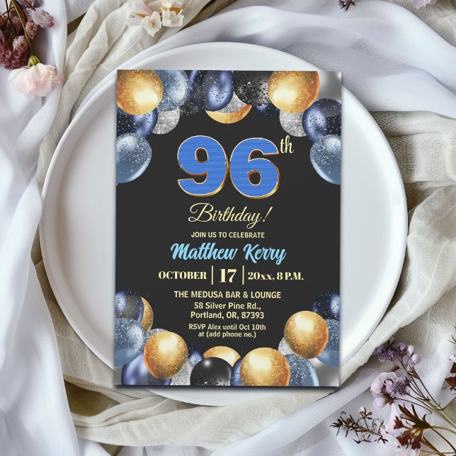 Elegant Blue Silver Gold 96th Birthday Party Einladung (Von Creator hochgeladen)