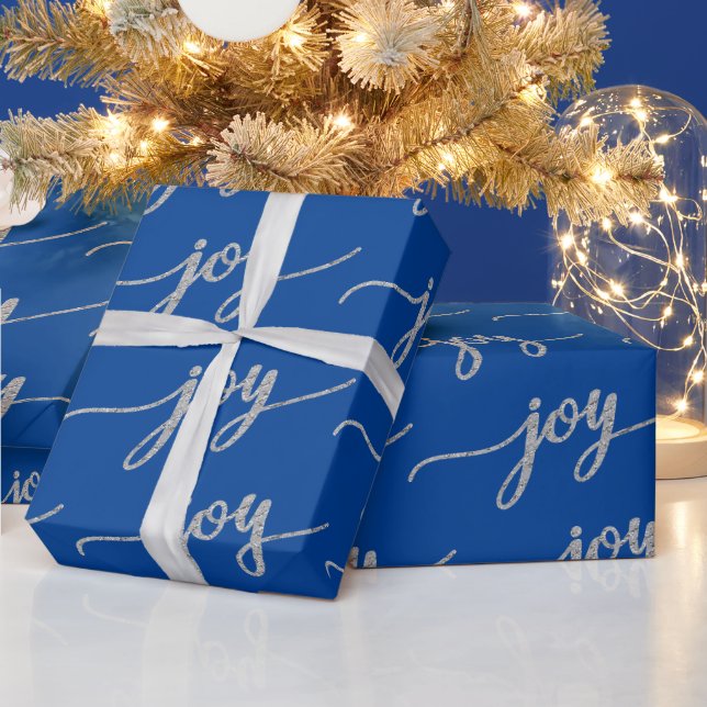 Elegant Blue Silver Joy Calligraphy Weihnachten Geschenkpapier (Feiertage)