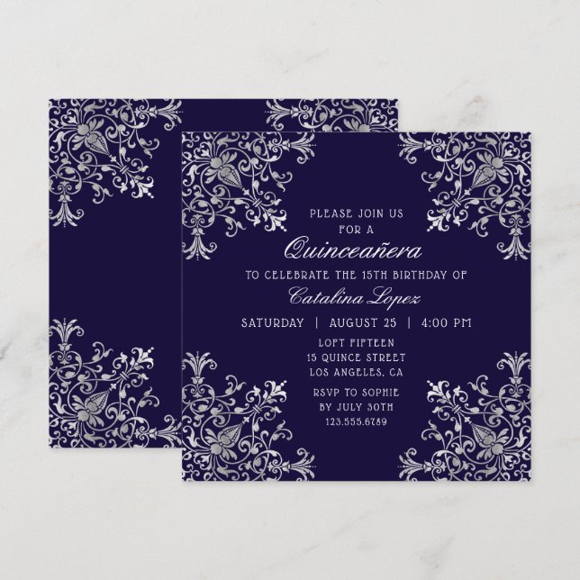 Elegant Blue Silver Verziert Floral Quinceñera Einladung (Vorne/Hinten)