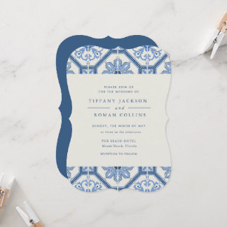 Elegant Blue Spanish Tile Hochzeit Einladung