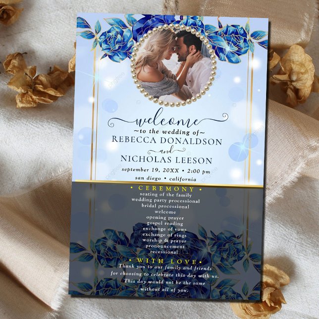 Élégant Blue Sparky Floral Photo Wedding Programme (Créateur téléchargé)