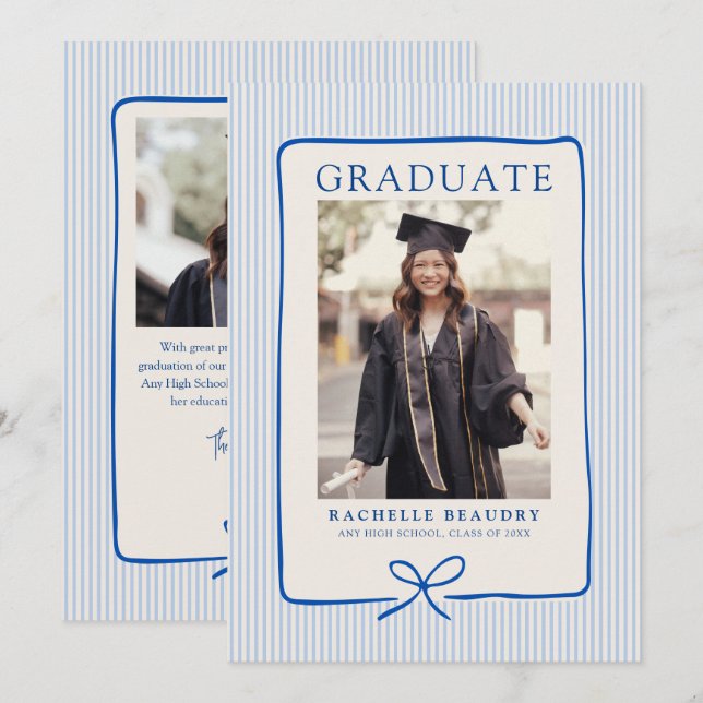 Elegant Blue Stripes Bow Frame Graduation Photo  Ankündigung (Vorne/Hinten)