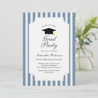 Elégant Blue Stripes Graduation Party Invitation
