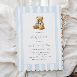 Elegant Blue Stripes Teddy Bear Baby Shower  Einladung