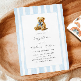 Elegant Blue Stripes Teddy Bear Baby Shower  Einladung