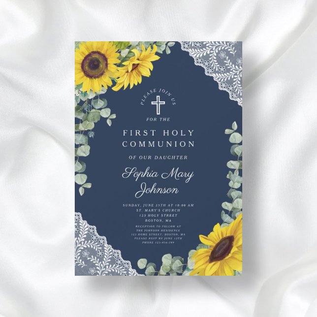 Elegant Blue Sunflowers Einladung (Elegant Blue Sunflowers First Holy Communion Invitation)