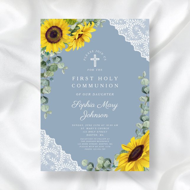 Elegant Blue Sunflowers Einladung (Elegant Blue Sunflowers First Holy Communion Invitation)