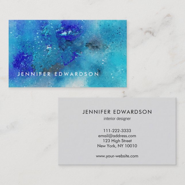 Elegant blue teal watercolor splatter professional visitenkarte (Vorne/Hinten)